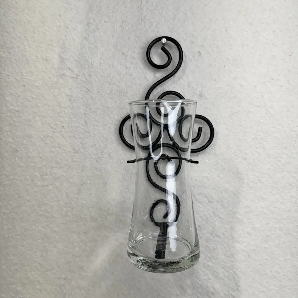 Black Wrought Iron Swirl Scrollwork Wall-Mounted Clear Glass Flower Vase Insert